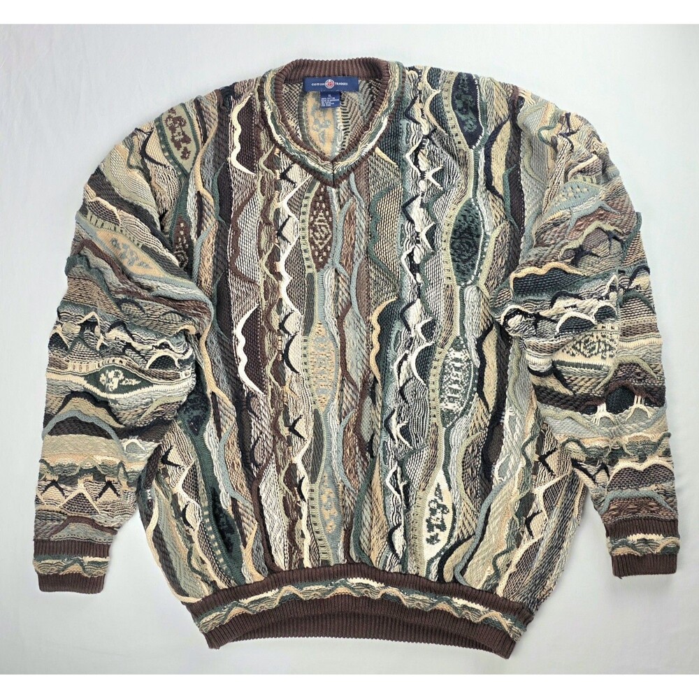Cotton Traders Coogi Style 3D Knit V-Neck Sweater XL Multi Color Cosby Biggie